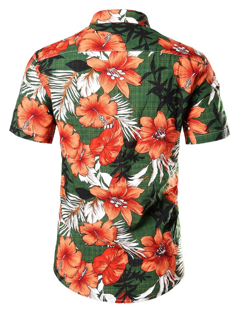 JOGAL Men's Flower Casual Button Down Short Sleeve Hawaiian Shirt Large Green - Image 3